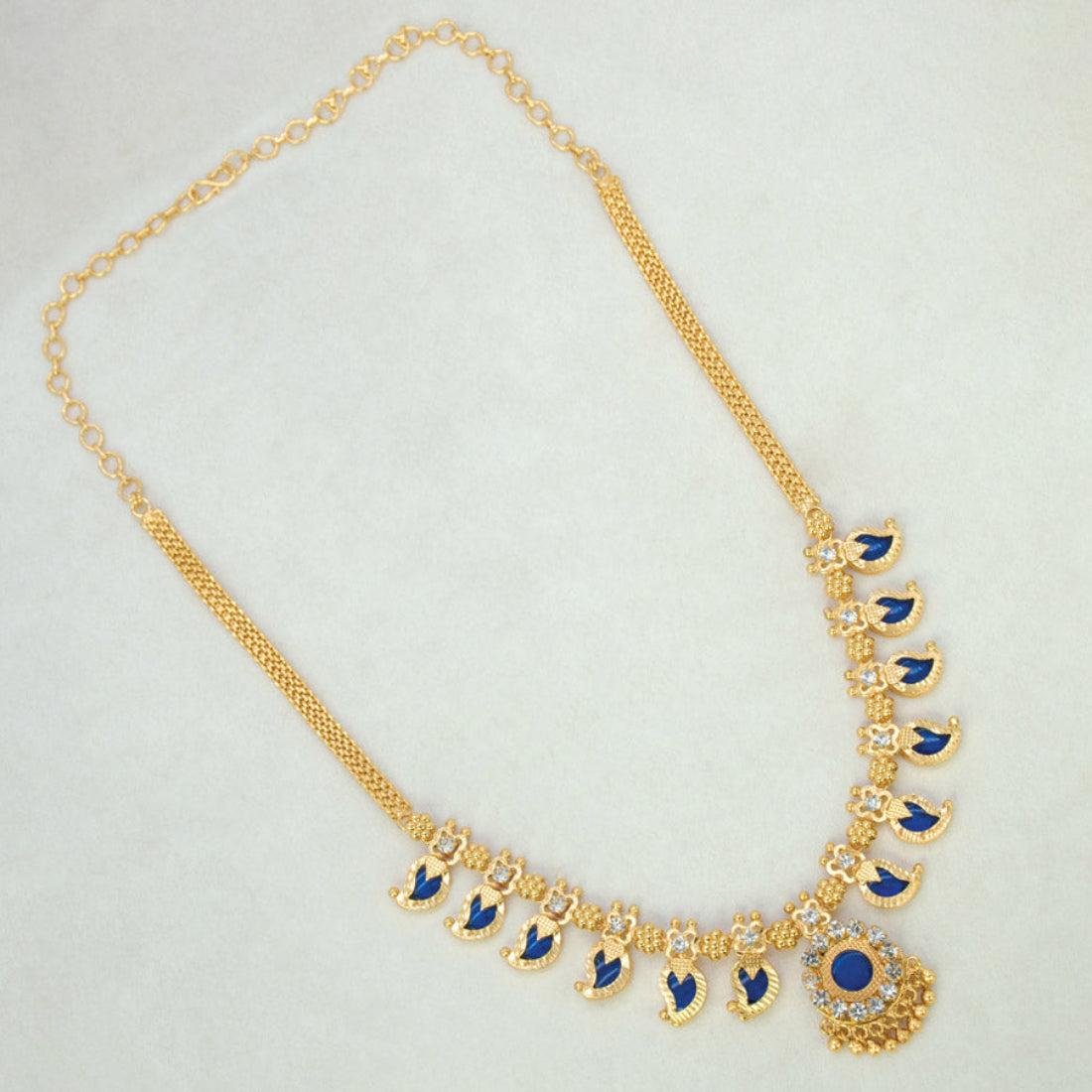 Kerala Traditional Gold Plated Mango Necklace - 6 Stones - Blue