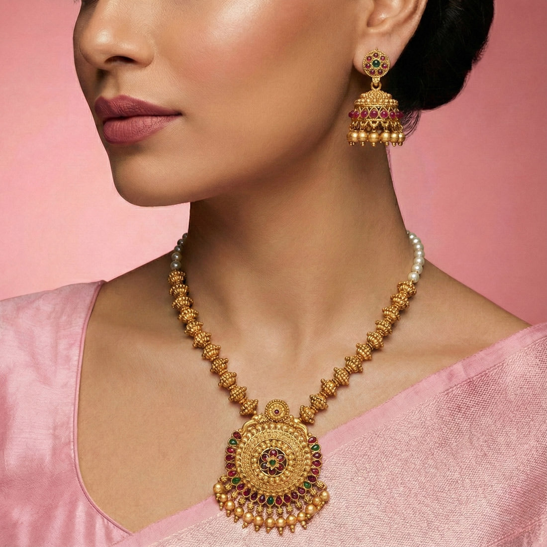 Matte-Gold-Finish-Traditional-Kemp-Pendant-Necklace-Set