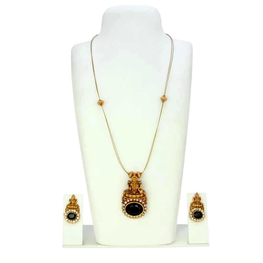 Gorgeous Matte Lakshmi Black CZ Pendant Set featuring a Lakshmi motif and black CZ stones on a designer chain.