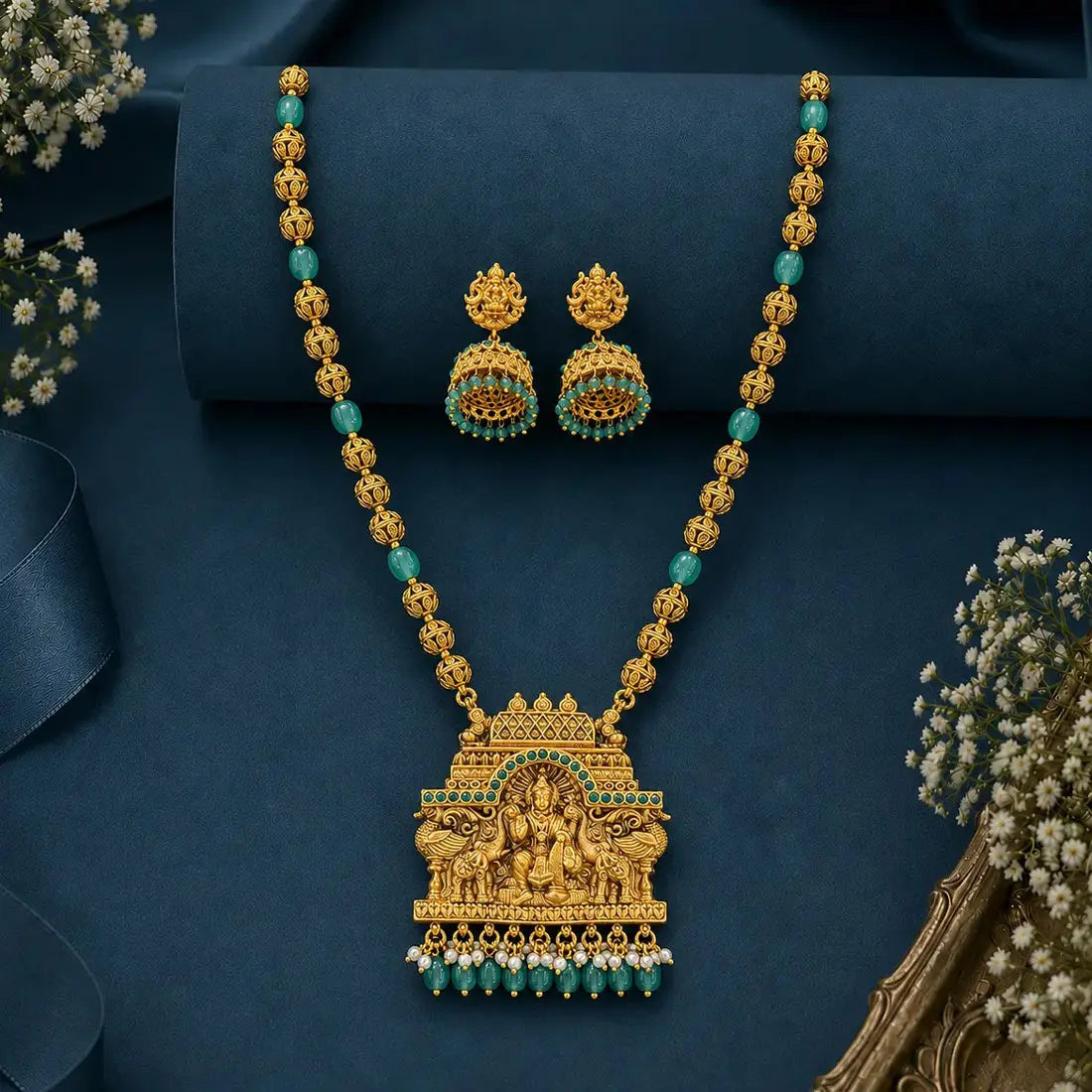 Antique Temple Gajalakshmi Pendant Necklace Set - Green