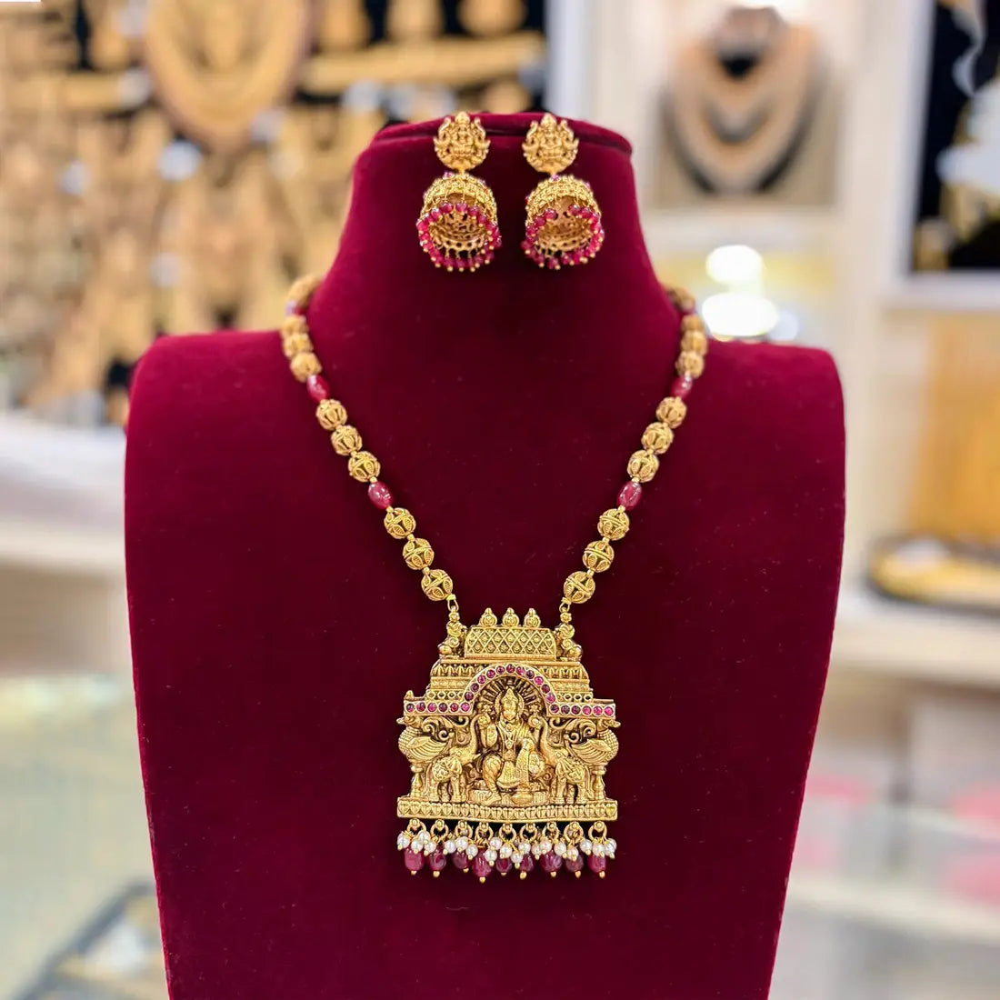 Antique Temple Gajalakshmi Pendant Necklace Set - Ruby Red