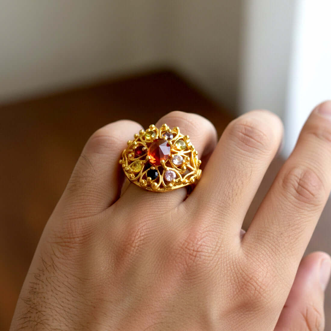 Men's Premium Gold Plated Navaratna Model Finger Ring