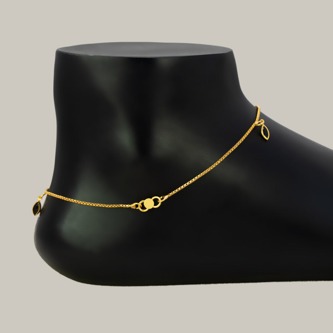 Gold Plated Box Chain Stone Charm Anklets - Black