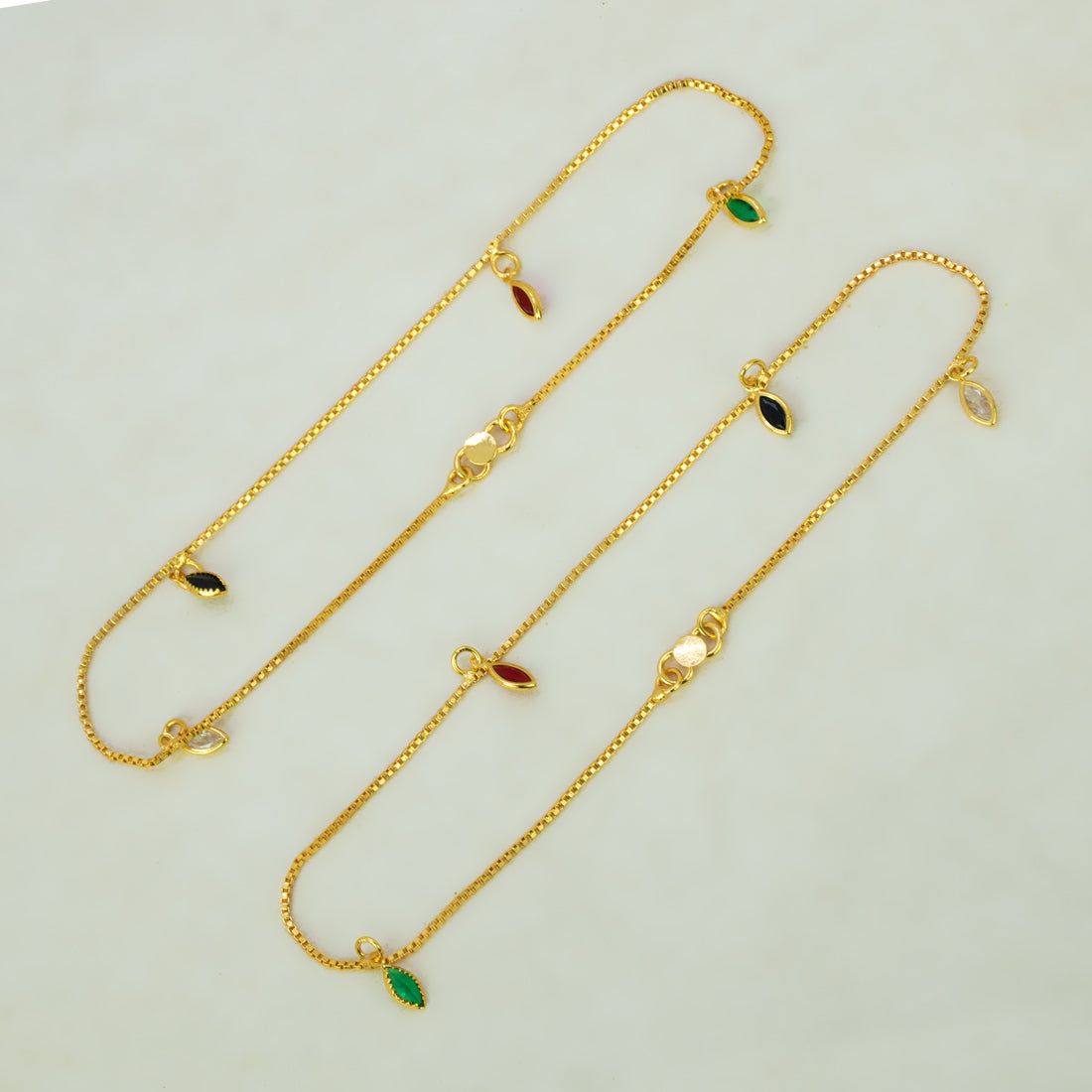 Gold Plated Box Chain Stone Charm Anklets - Multi