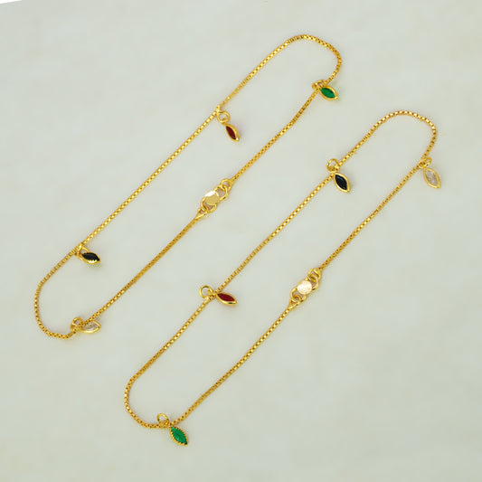 Gold Plated Box Chain Stone Charm Anklets - Multi