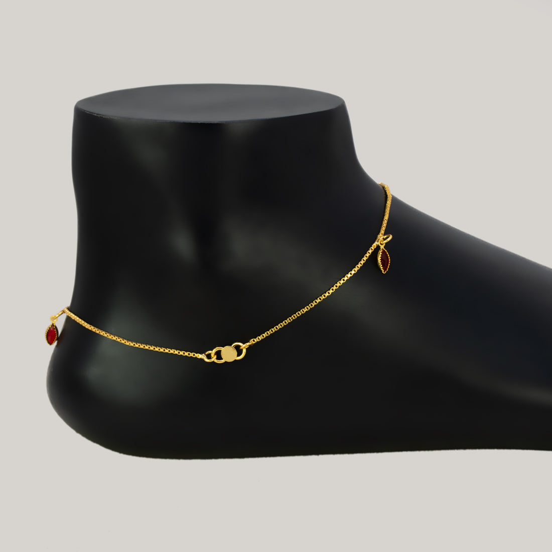 Gold Plated Box Chain Stone Charm Anklets - Red
