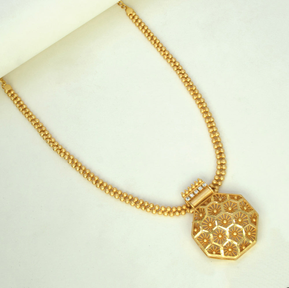 Octagon Matte Gold Floral CZ Pendant Necklace