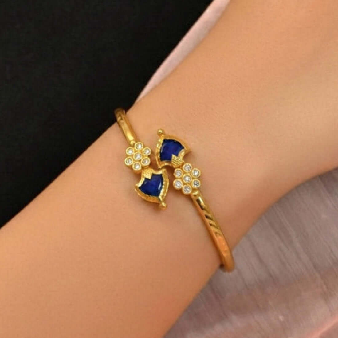 Gold Plated Floral CZ Stones Open Palakka Bangle - Blue