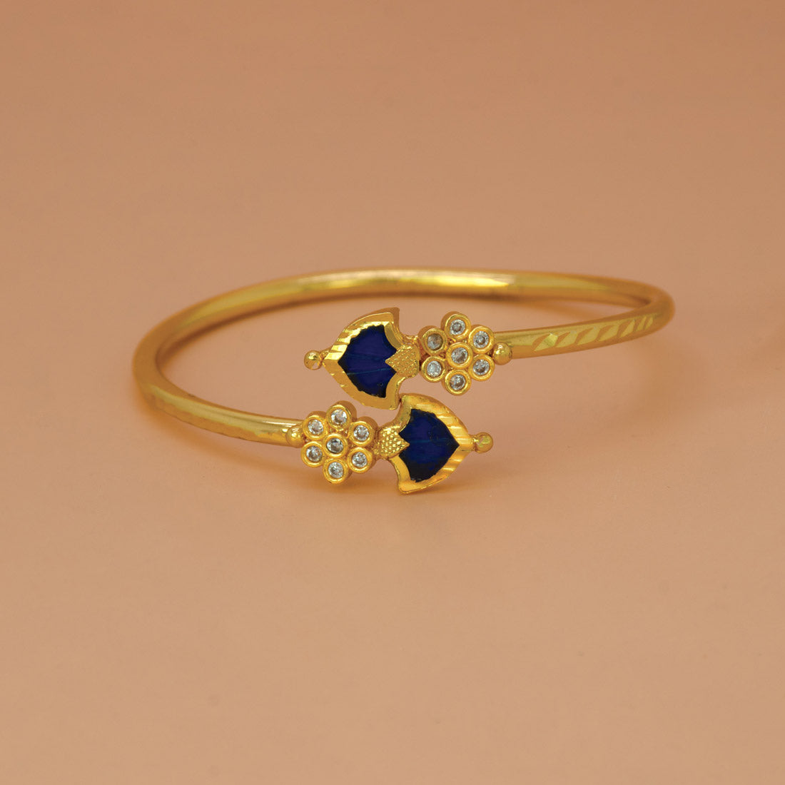 Gold Plated Floral CZ Stones Open Palakka Bangle - Blue