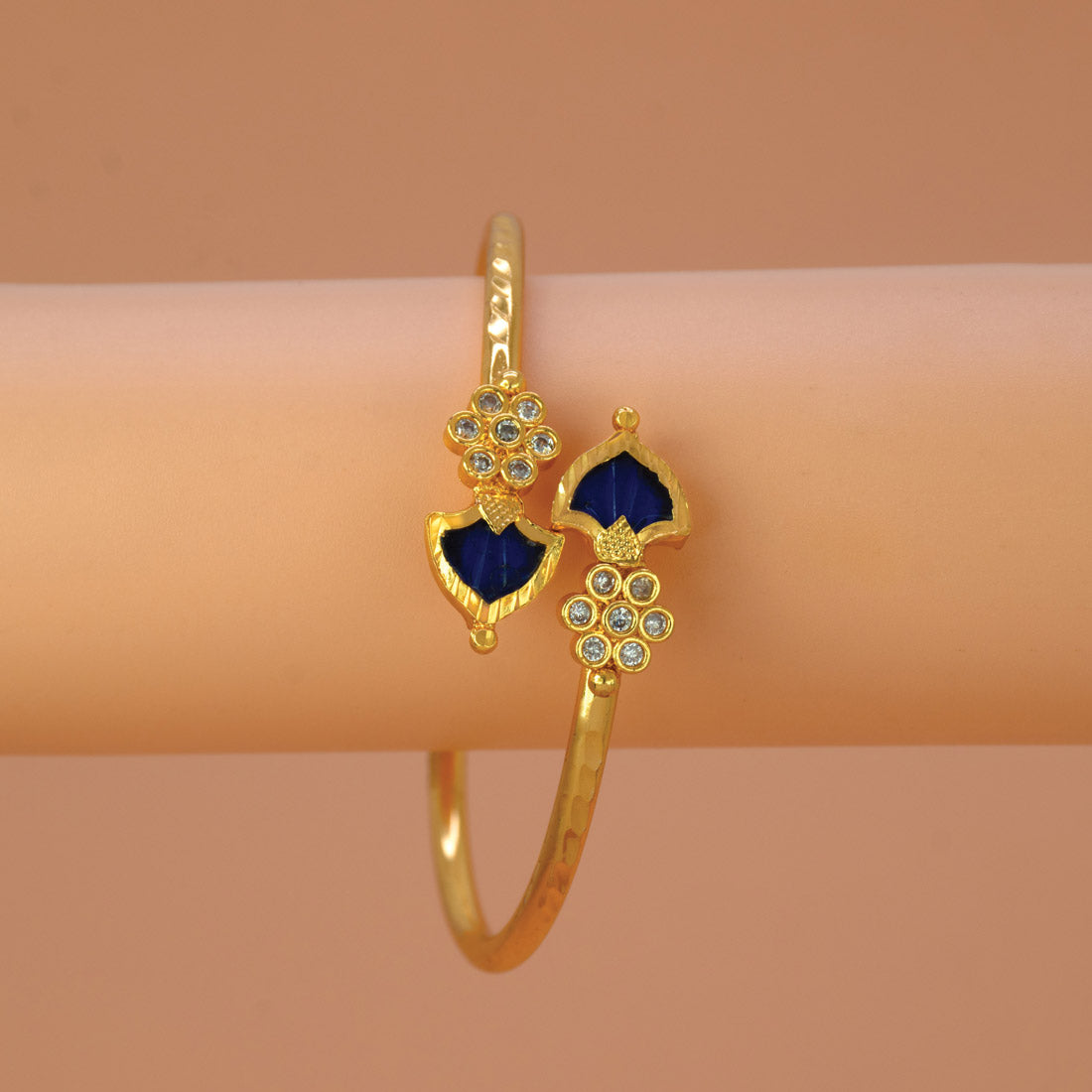 Gold Plated Floral CZ Stones Open Palakka Bangle - Blue