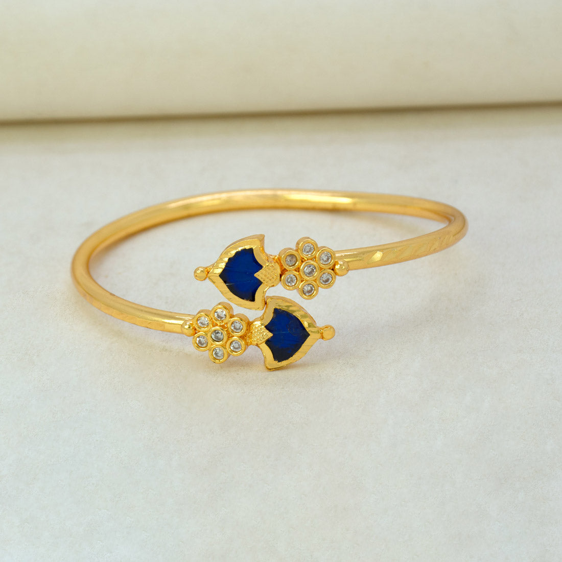 Gold Plated Floral CZ Stones Open Palakka Bangle - Blue