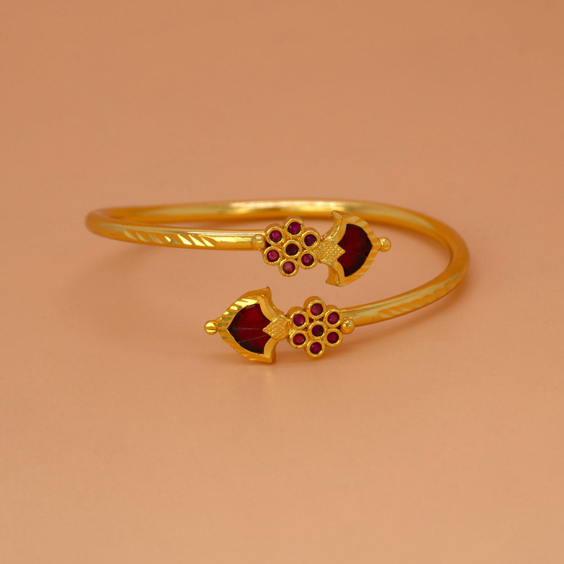 Gold Plated Floral Ruby Stones Open Palakka Bangle - Red