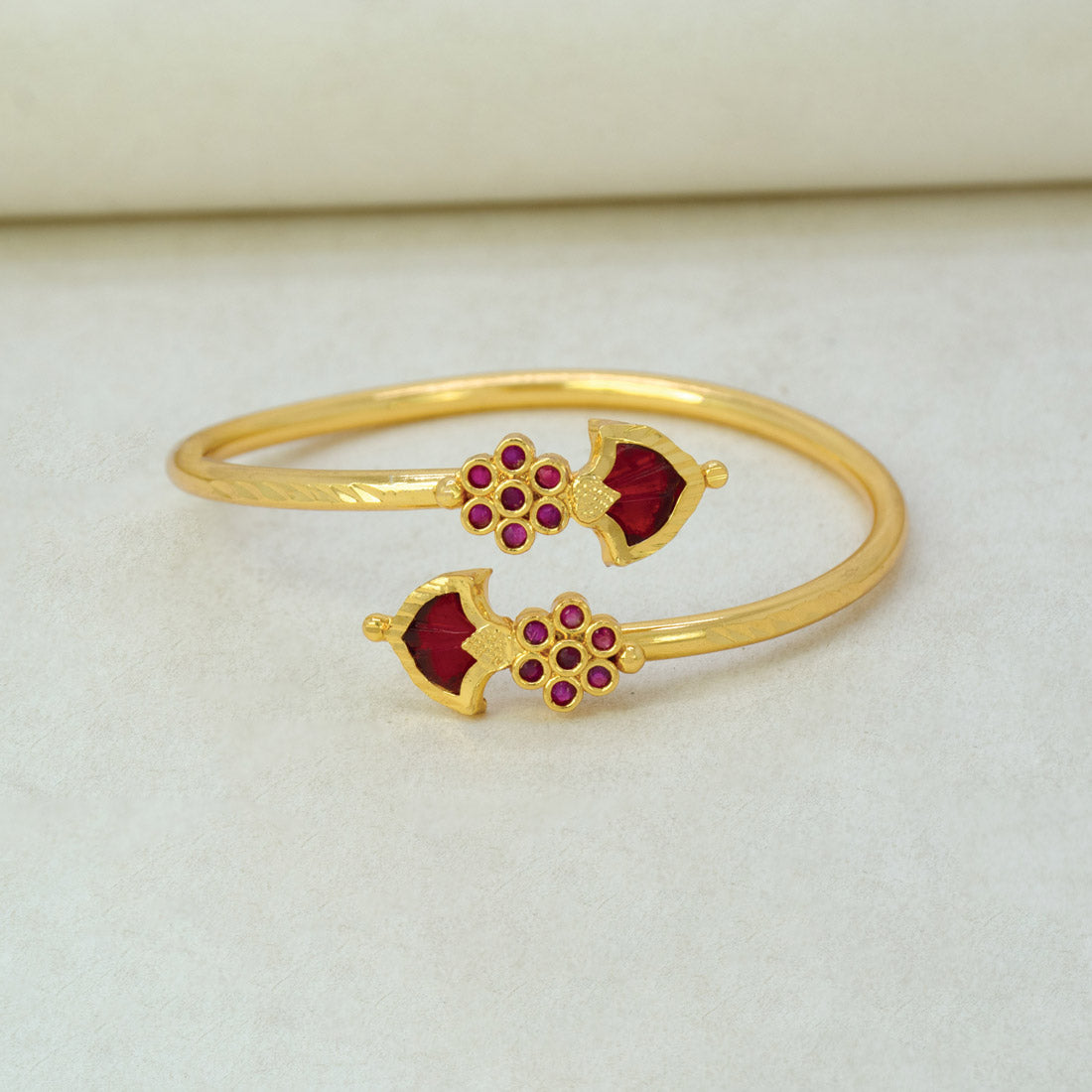 Gold Plated Floral Ruby Stones Open Palakka Bangle - Red