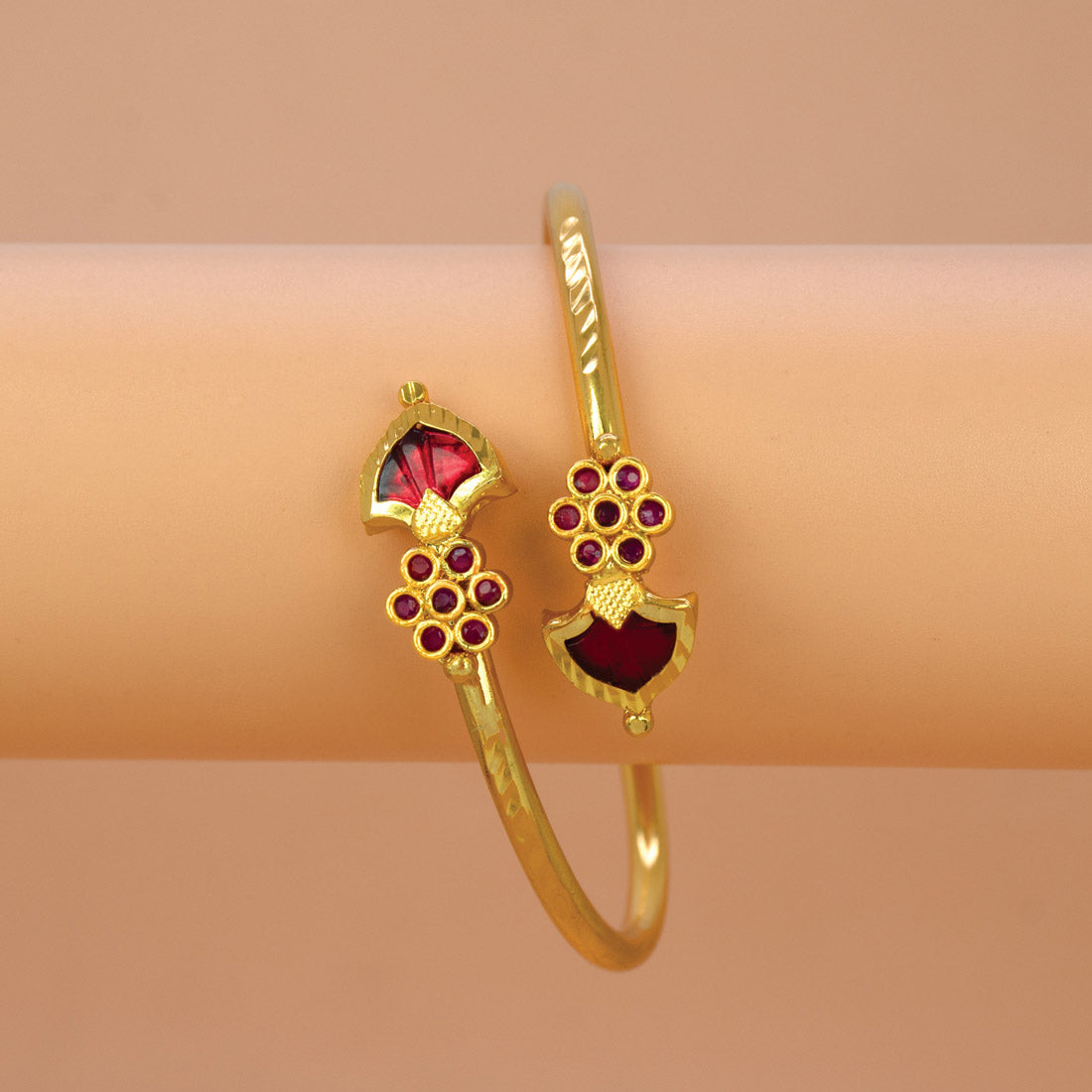 Gold Plated Floral Ruby Stones Open Palakka Bangle - Red