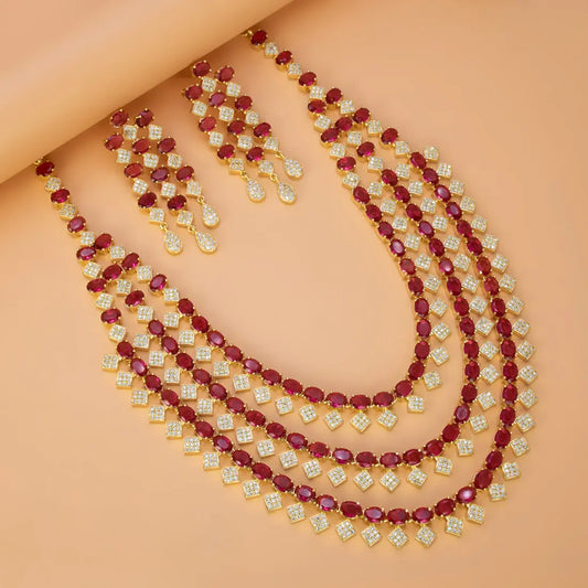 Breathtaking Gold-Plated Ruby CZ Stone Layered Necklace Set