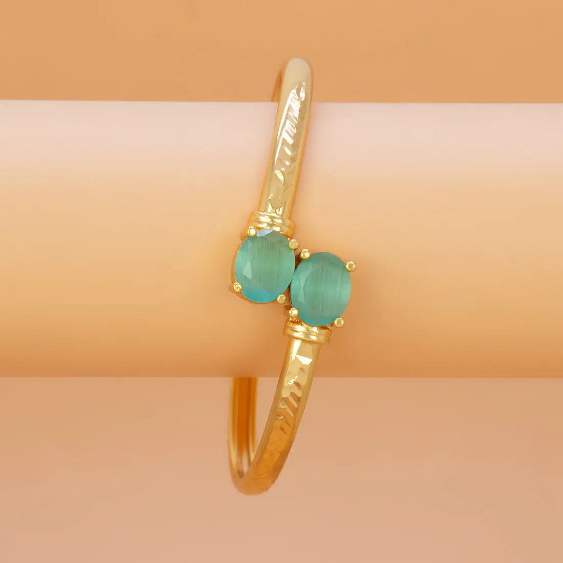 Gold Plated Dual Oval Stone Cuff Bangle - Pastel Green