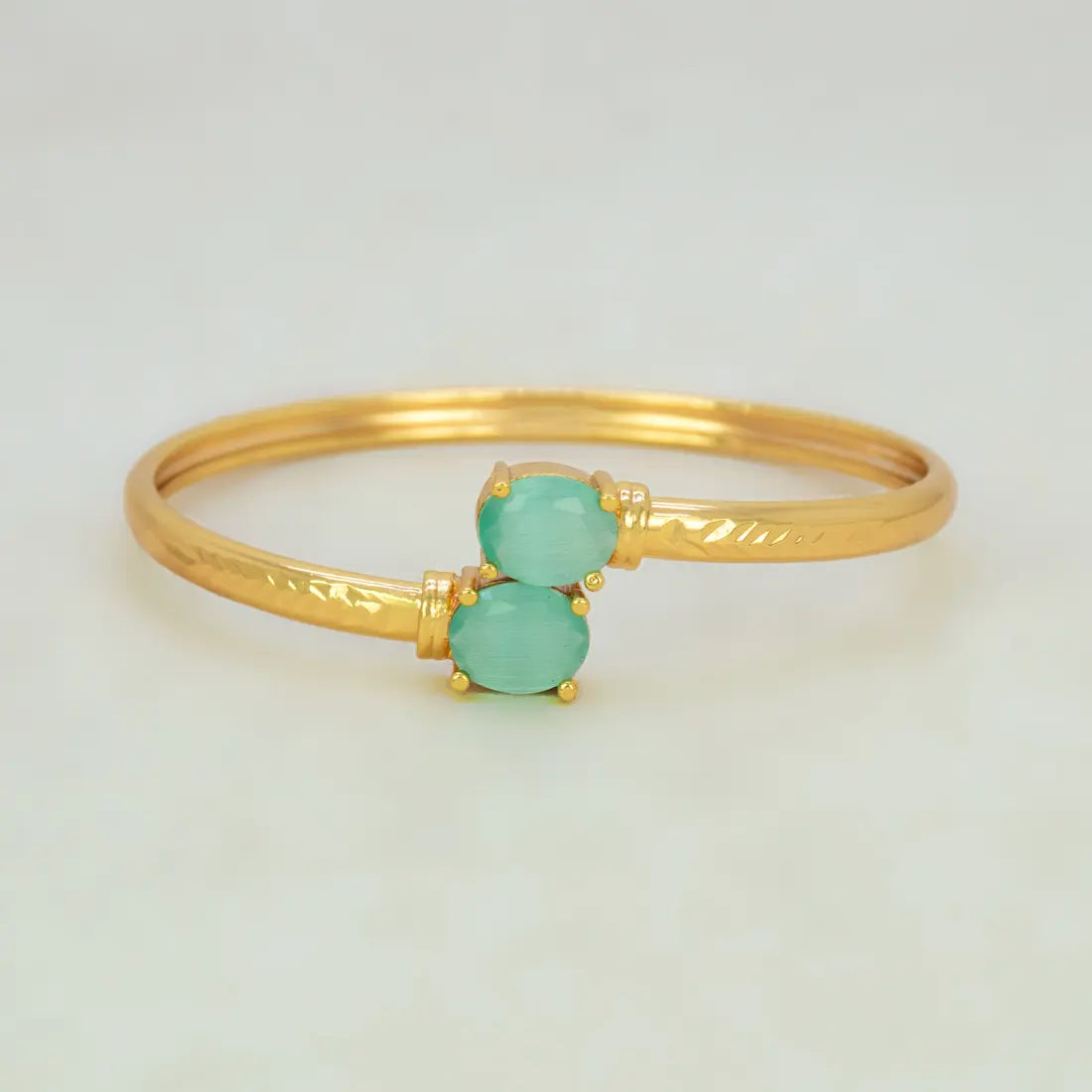 Gold Plated Dual Oval Stone Cuff Bangle - Pastel Green