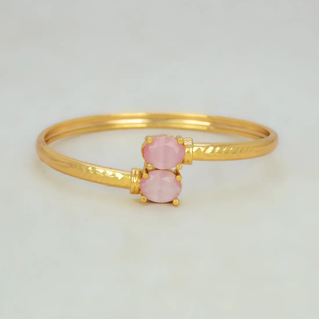 Gold Plated Dual Oval Stone Cuff Bangle - Pastel Pink