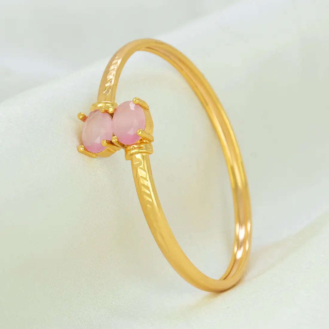 Gold Plated Dual Oval Stone Cuff Bangle - Pastel Pink