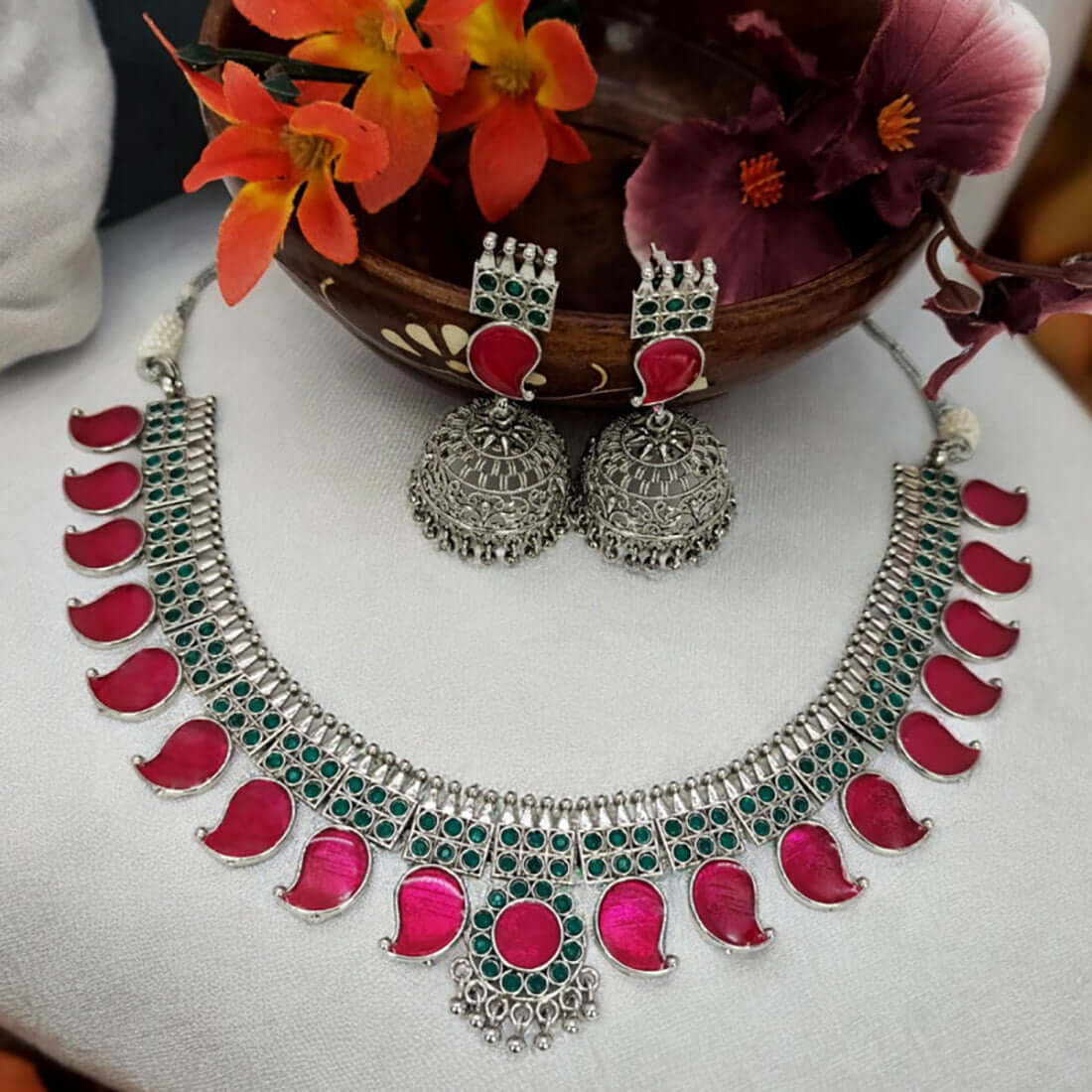 Oxidised german silver enamel mango choker set