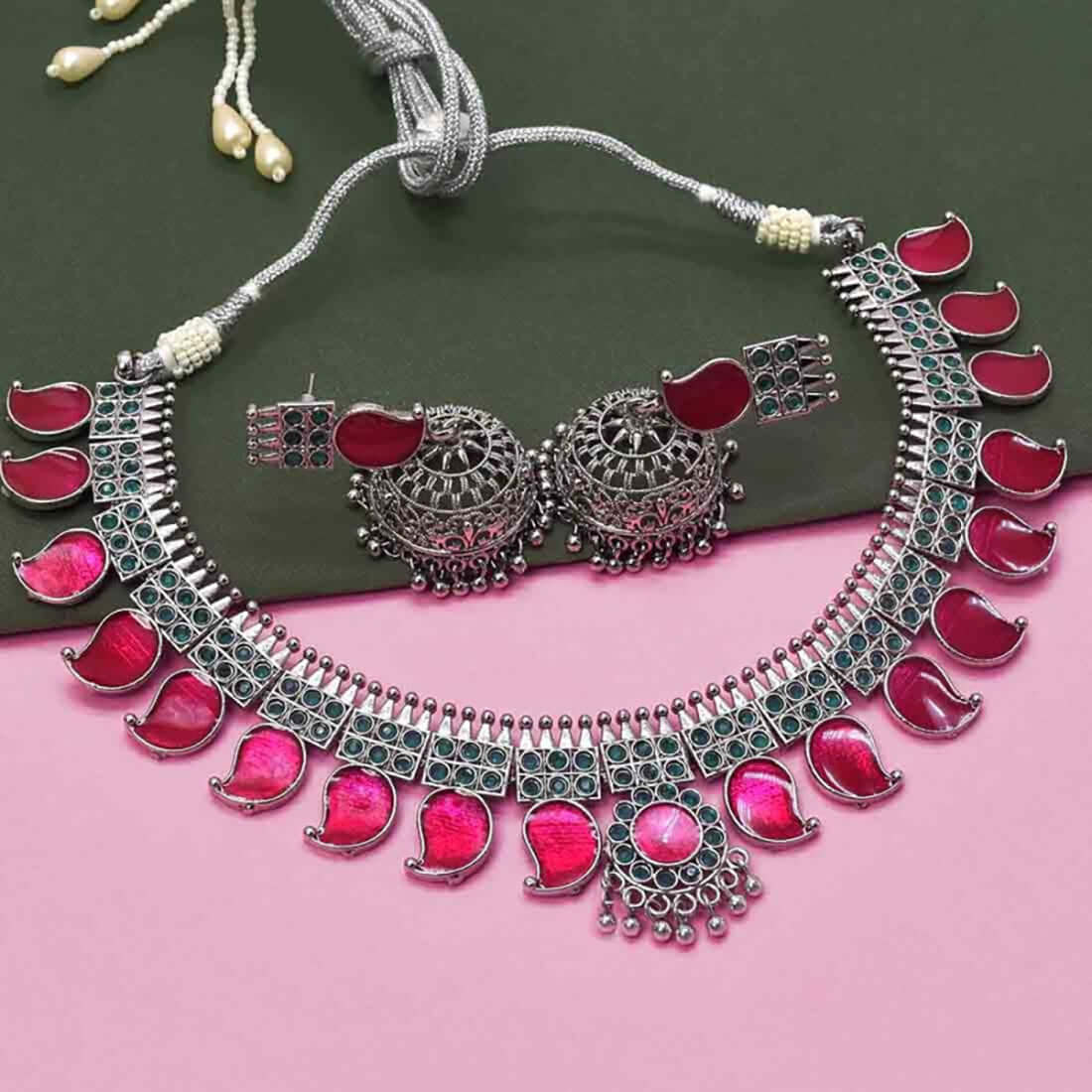 Oxidised german silver enamel mango choker set