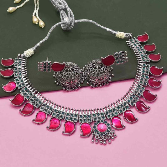 Oxidised german silver enamel mango choker set