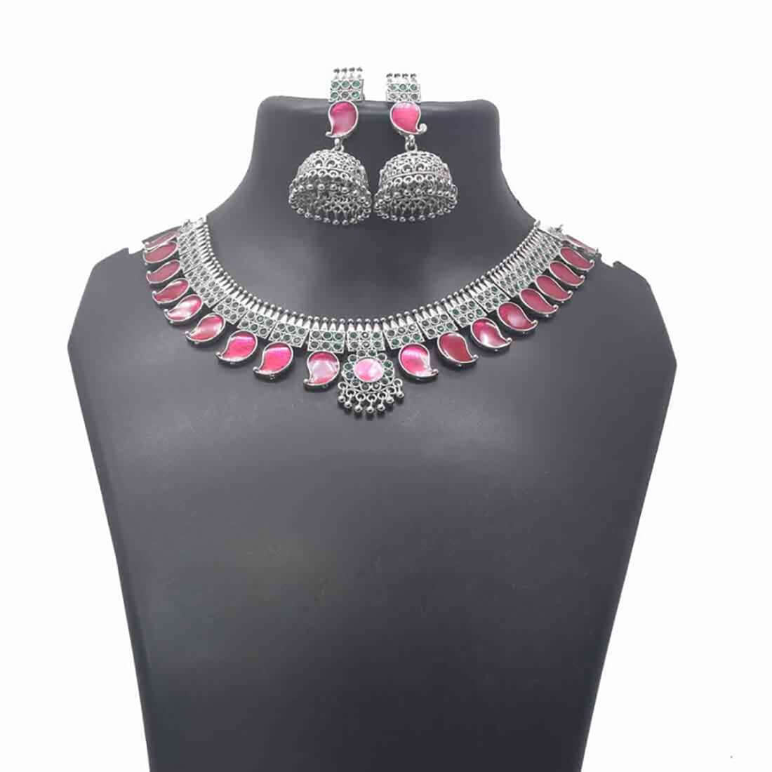 Oxidised german silver enamel mango choker set