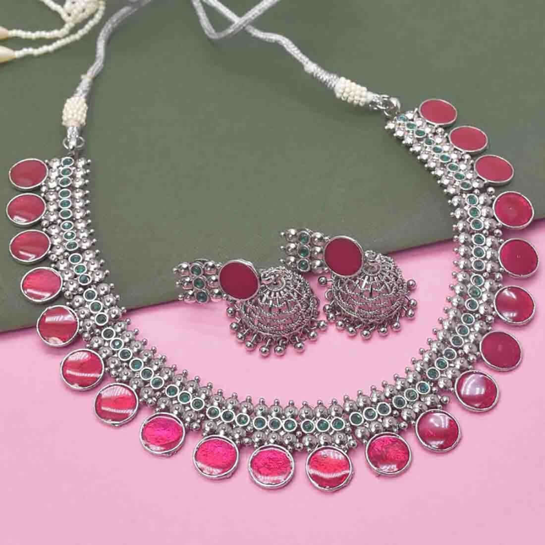 Oxidised german silver enamel -round choker set