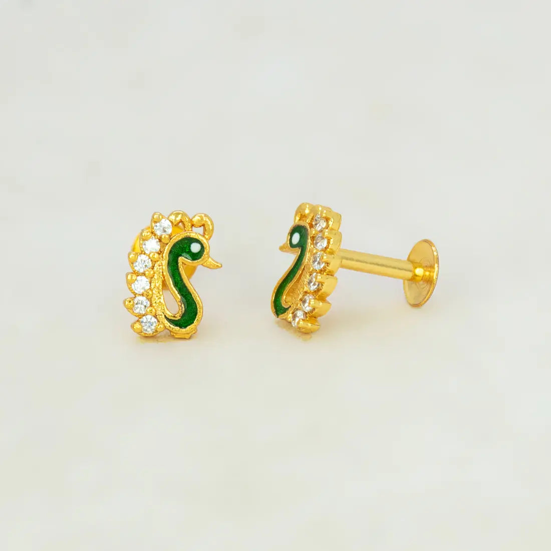 Gold Plated Enamel Peacock Design Stone Ear Studs - CZ