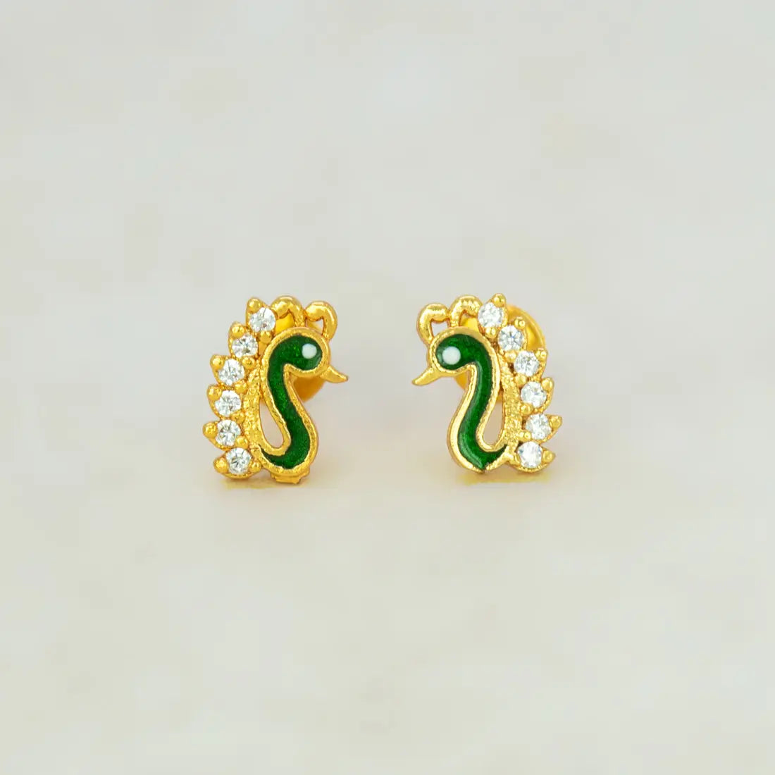 Gold Plated Enamel Peacock Design Stone Ear Studs - CZ