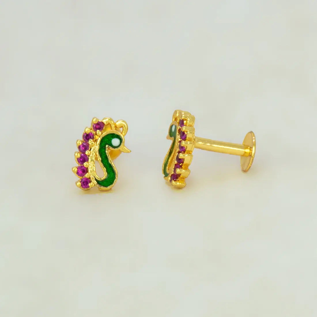 Gold Plated Enamel Peacock Design Stone Ear Studs - Ruby