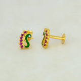 Gold Plated Enamel Peacock Design Stone Ear Studs - Ruby
