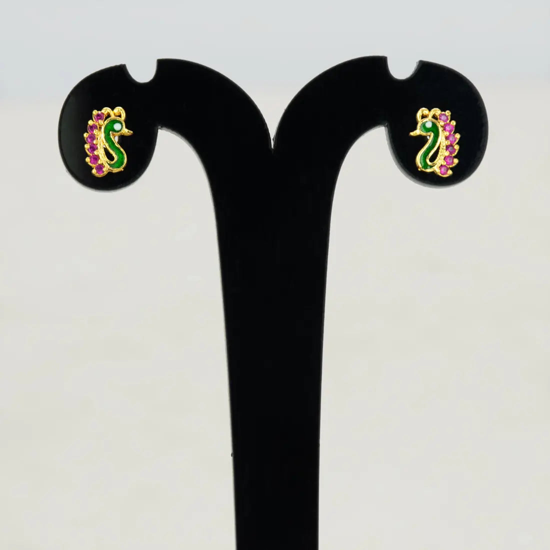 Gold Plated Enamel Peacock Design Stone Ear Studs - Ruby
