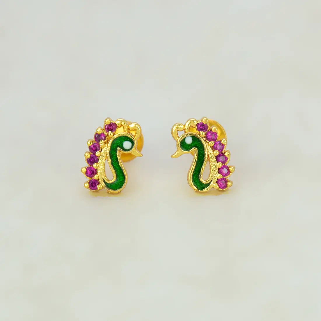 Gold Plated Enamel Peacock Design Stone Ear Studs - Ruby