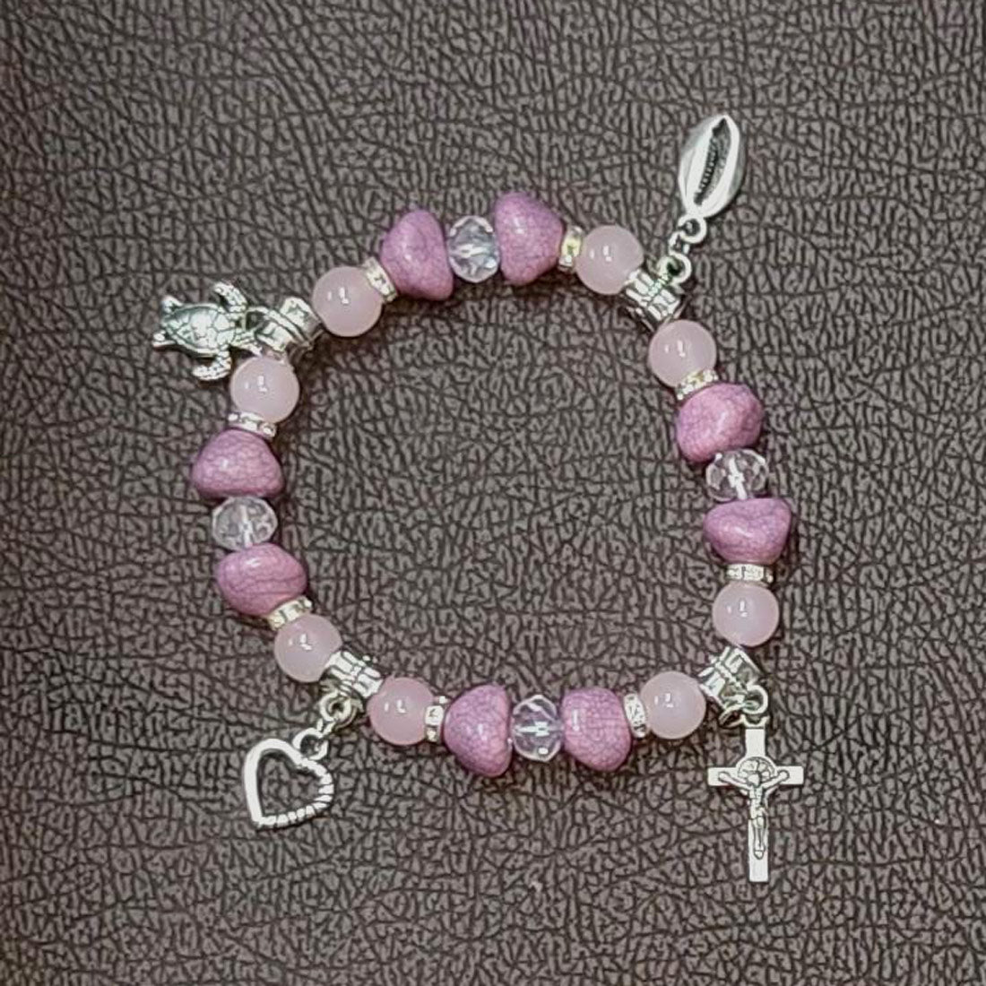 Pink-Crystal-Beaded-Silver-Charms-Bracelet