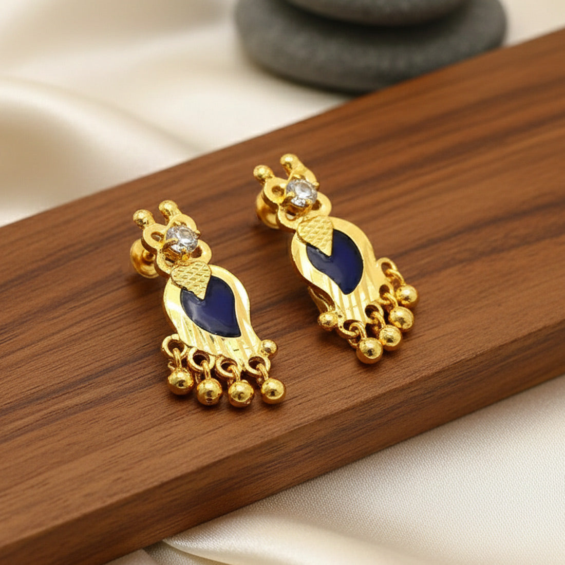 Premium Gold Plated Mango Beads Hanging Ear Studs_Blue