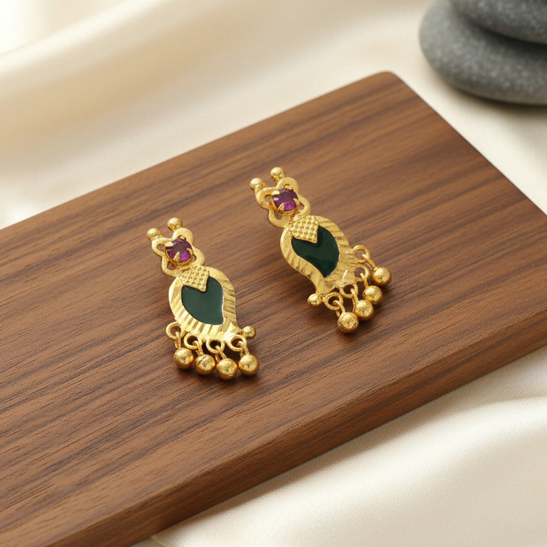 Premium Gold Plated Mango Beads Hanging Ear Studs_Green