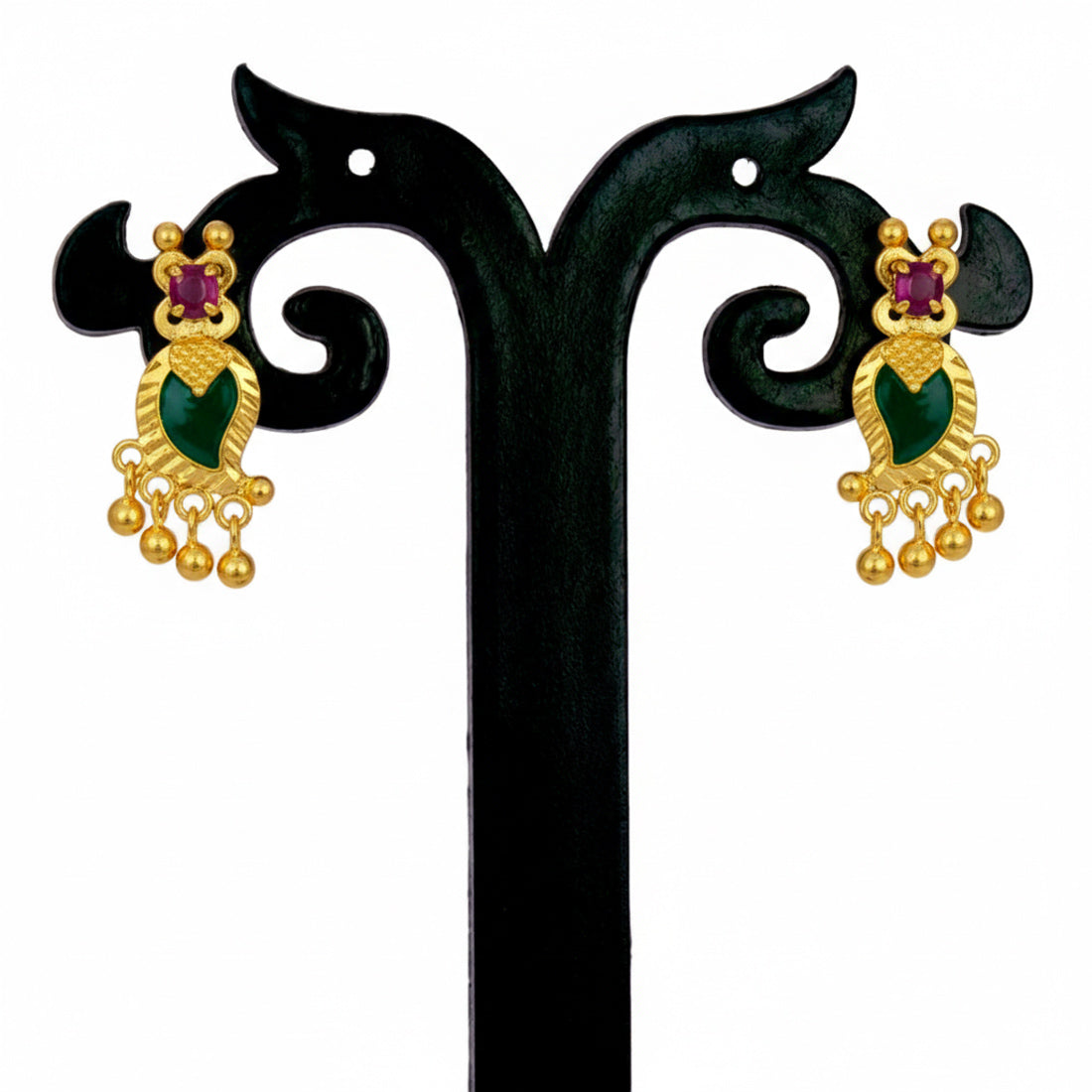 Premium Gold Plated Mango Beads Hanging Ear Studs_Green