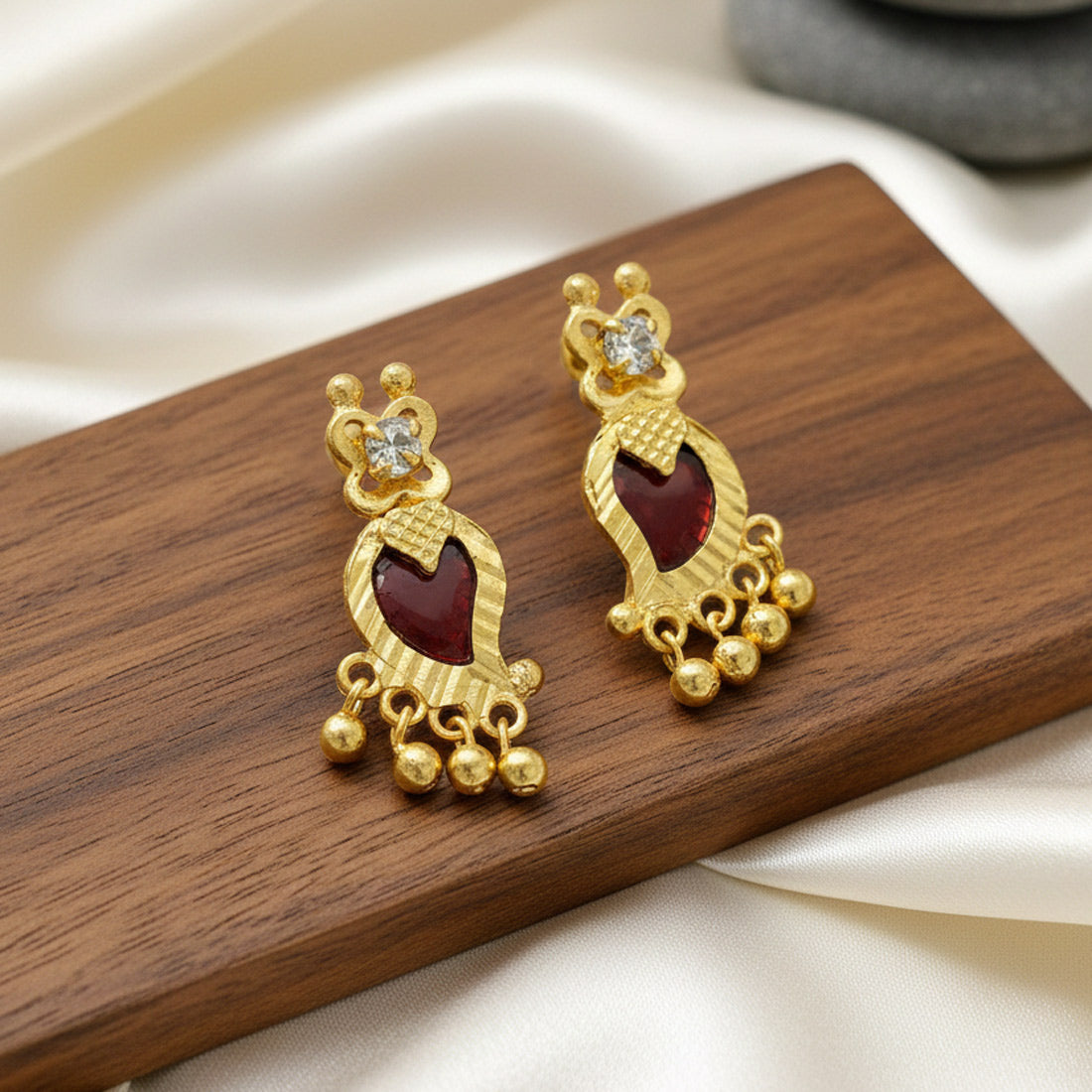 Premium Gold Plated Mango Beads Hanging Ear Studs_Red
