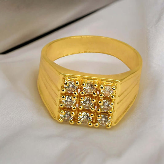 Premium Gold Plated Gent's AD Stone Finger Ring showcasing AD stones and smooth finish.