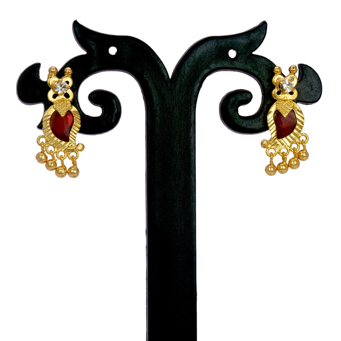 Premium Gold Plated Mango Beads Hanging Ear Studs_Red