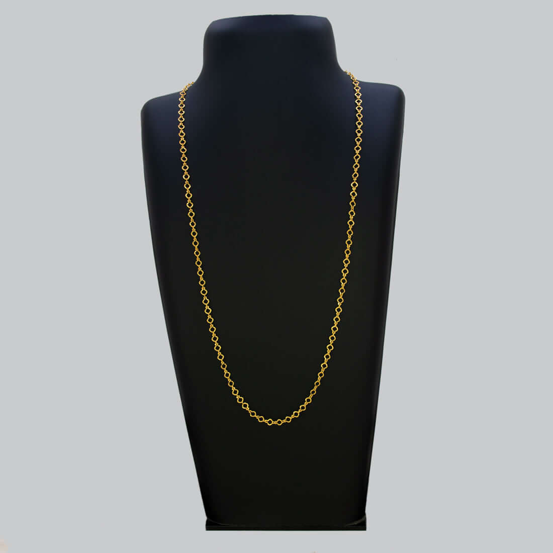 Light-Weight Gold Plated Pulimurugan Chain displayed on a black bust, showcasing its elegant round links.