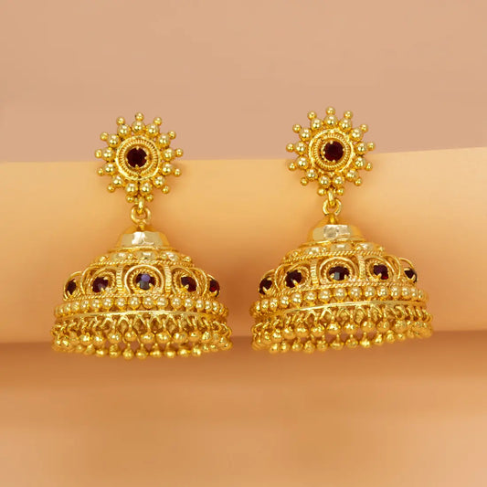 Red Stone Gold Plated Big Jhumka Earrings featuring intricate designs and deep red stones, perfect for a bold statement.