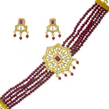 Multi-Strand Maroon Crystal Beaded Ruby CZ Choker Set featuring ornate earrings, perfect for special occasions.