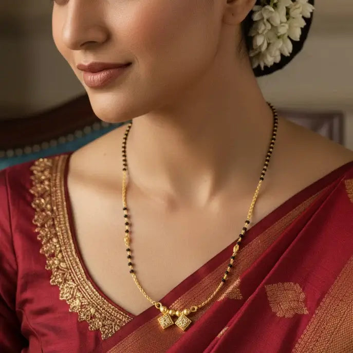 A gold and black beaded necklace with a decorative pendant featuring small pink stones, displayed on a white textured fabric next to a dark wooden surface.