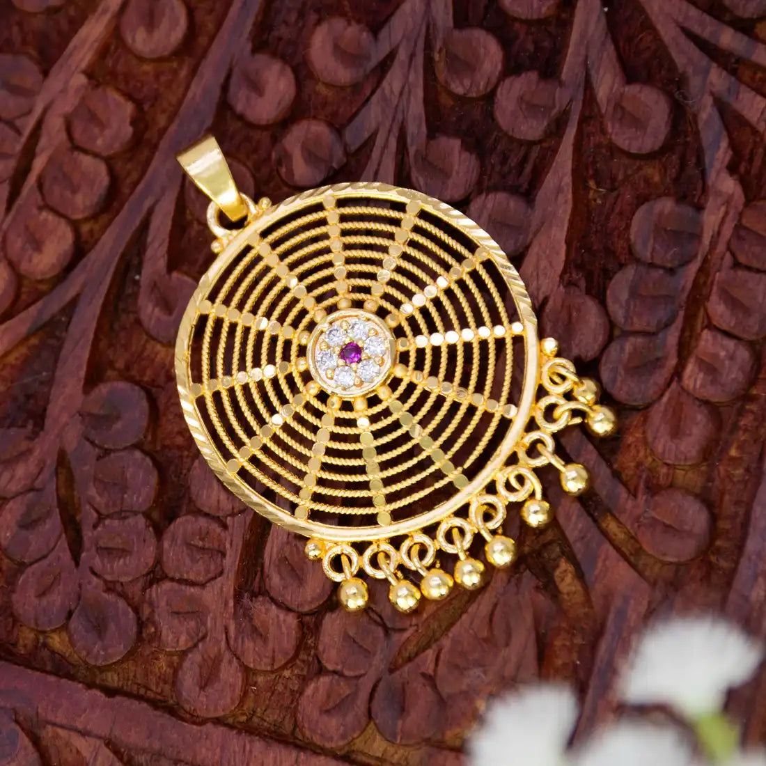 Gold Plated Web Design Floral Ruby CZ Stone Pendant