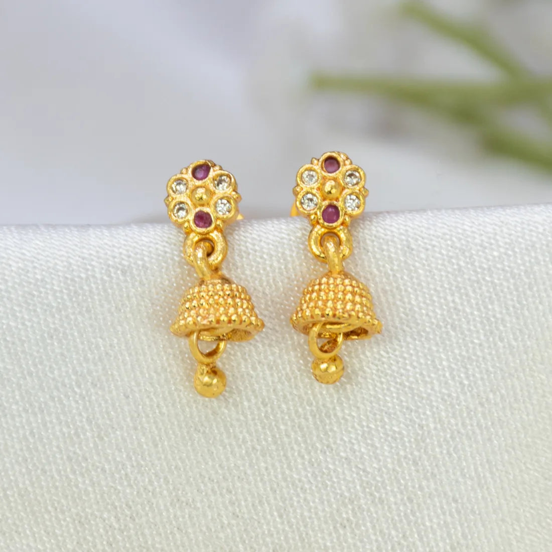 Floral Ruby CZ Stone Small Kids Jhumka