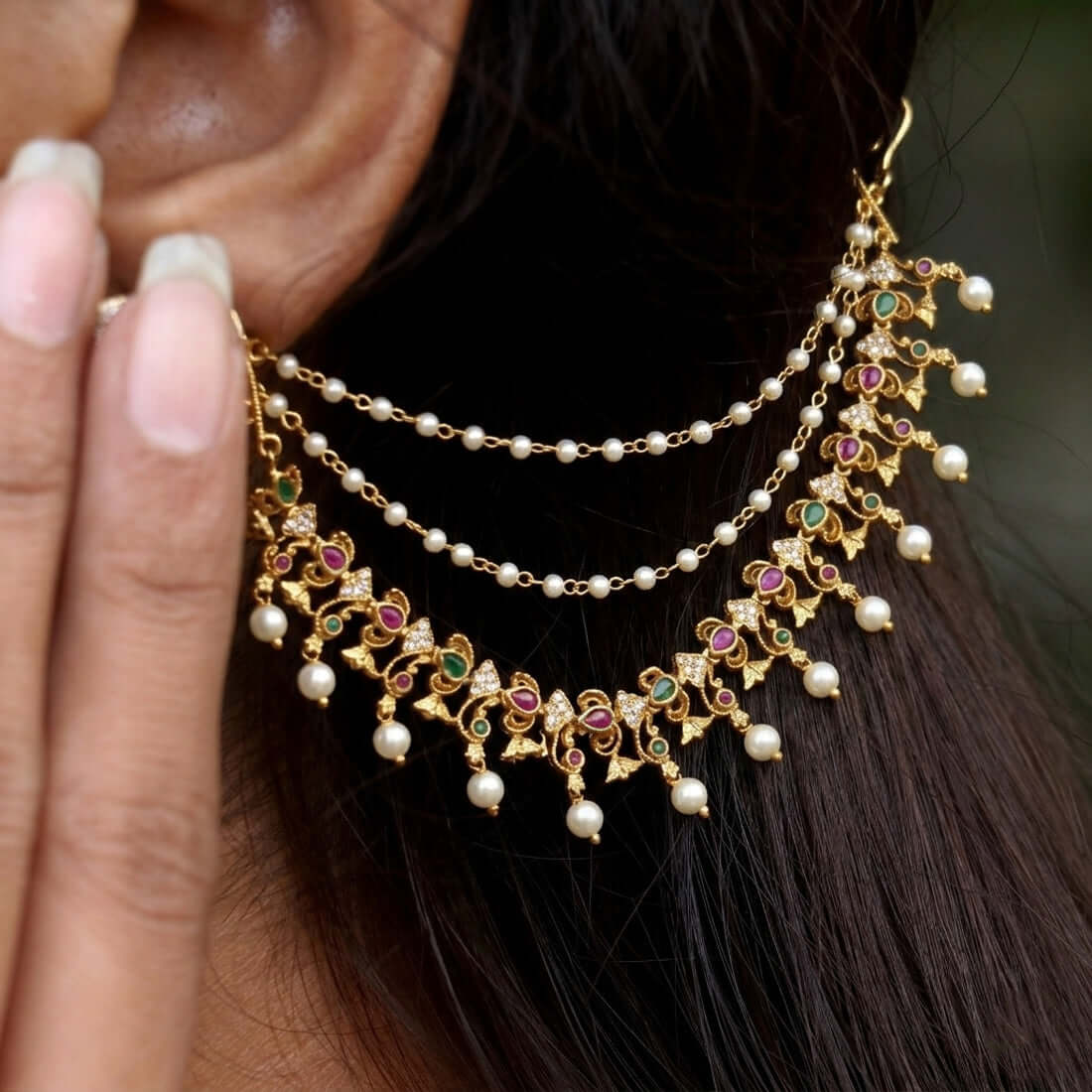 Ruby Emerald CZ Stone Pearl Ear Chain Matti