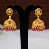 Gold Plated Ruby Red Crystal Hanging Jhumka Earrings