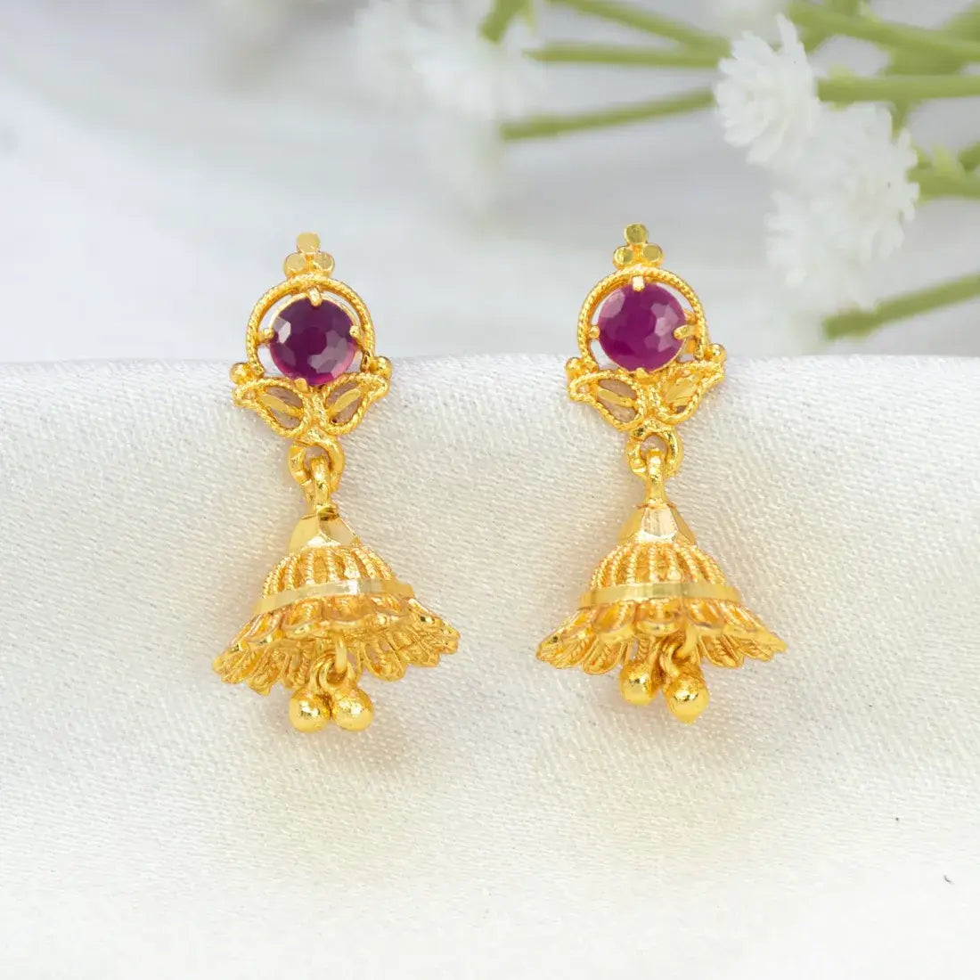 Gold Plated Ruby Stone Small Jhumka Earrings